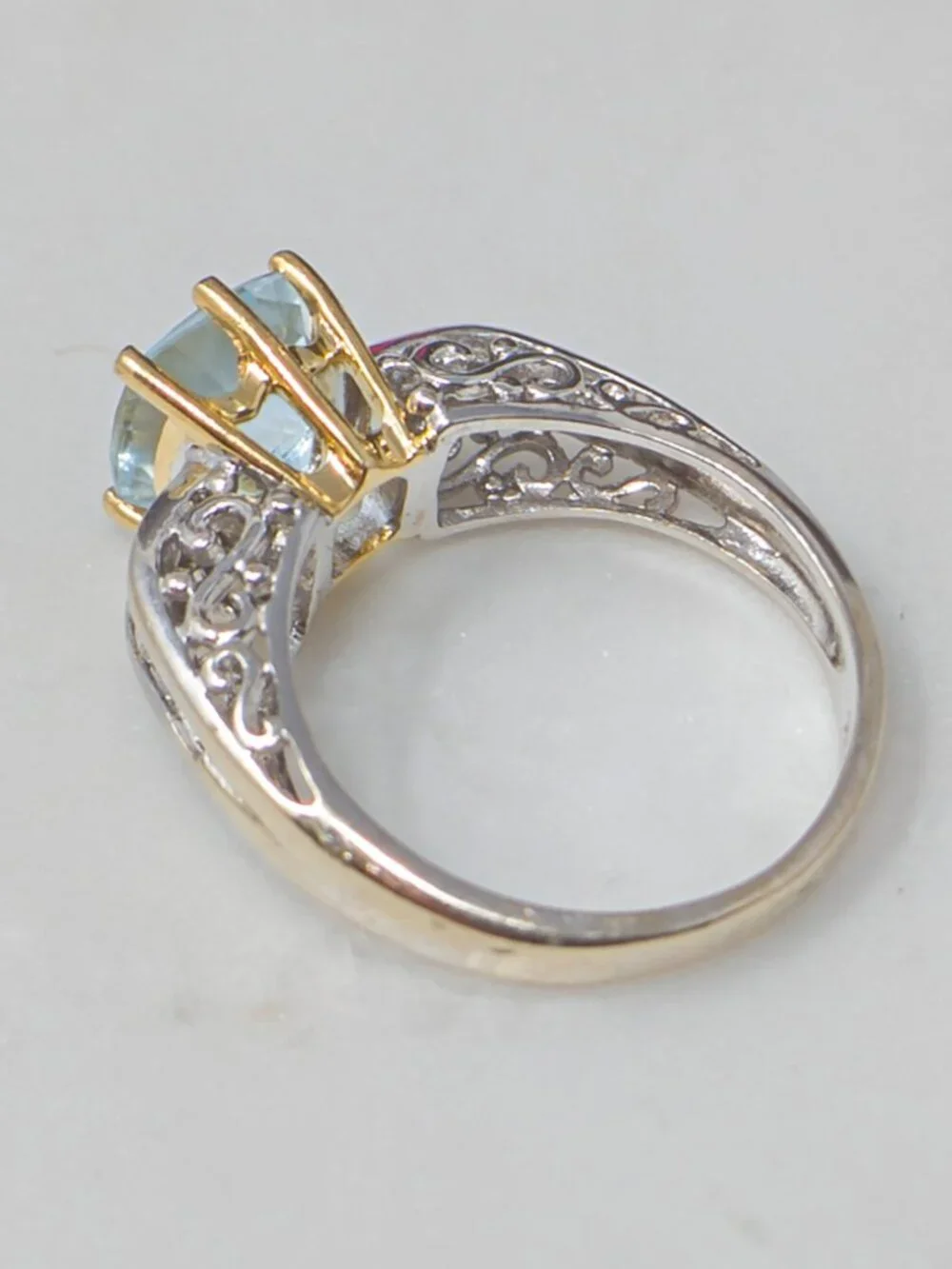 14K Two Tone Gold Aquamarine Diamond Ring approx. 2ct Cushion Size 6.5